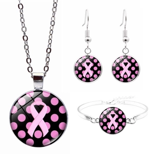 Collar Pendiente Pulsera Aleación Vidrio Cinta Rosa Concientización Cáncer De Mama Joyas Regalo Caridad Para Mujeres