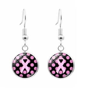Pendientes de lazo rosa para el cáncer de mama con diseño de lunares negros y plata