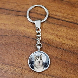 Husky dog time gem keychain with moonlit forest pendant on silver metal ring