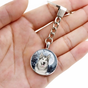 Husky dog time gem keychain with silver metal alloy ring and snow night portrait pendant