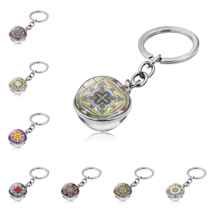 Llavero de Bola de Vidrio Mándala de Yoga Gema del Tiempo Doble Cara Aleación de Zinc Llavero de Metal Colgante con Patrón Geométrico Regalo Mujer