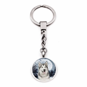 Husky Dog Keychain Zinc Alloy Glass Time Gem Moon Forest Pendant Bag Charm Pet Lover Gift Silver Tone Accessory