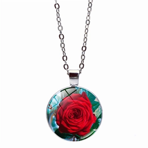 Round glass pendant necklace featuring a vibrant red rose pattern on a silver metal chain