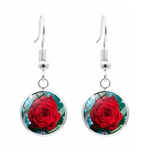Vintage red rose jewelry set with round glass gem pendant earrings in silver finish