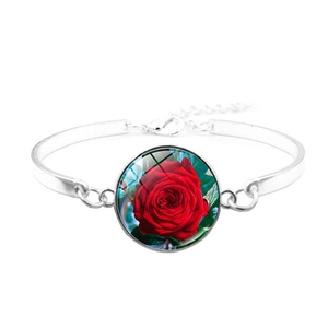 Silver bracelet with red rose time gem pendant, lobster clasp and adjustable metal chain