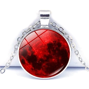 Collier Pendentif Rond Cabochon En Verre Lune De Sang Gothique Chaîne En Métal Alliage De Zinc Bijoux Homme Femme