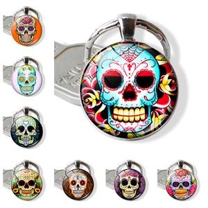 Mexikanischer Tag Der Toten Zucker Schädel Schlüsselanhänger Zinklegierung Glas Cabochon Vintage Floral Calavera Schlüsselanhänger Für Damen Herren Geschenk