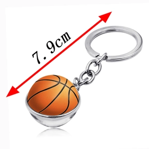 Double-sided glass basketball keychain with silver metal ring and 7.9cm total length