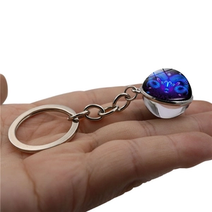 Double-sided glass ball Aries zodiac keychain with silver metal ring and purple glowing pattern
