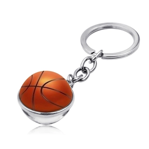 Detailed close-up of a basketball keychain pendant with silver metal base and glossy ring