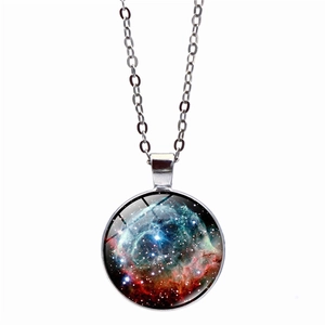 Macro detail of solar system galaxy pendant necklace with glass dome and silver chain
