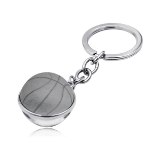 Detailed close-up of a metallic basketball keychain with polished stainless steel texture