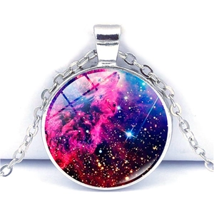 Detailed view of silver solar system pendant with pink and blue nebula glass cabochon
