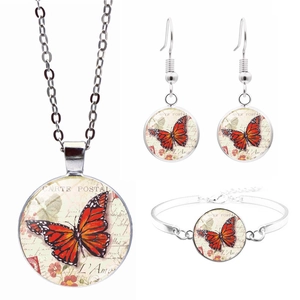 Gioielli Farfalla Vintage Cabochon Vetro Collana Orecchini Bracciale Lega Tono Argento Stile Cartolina Francese Donna