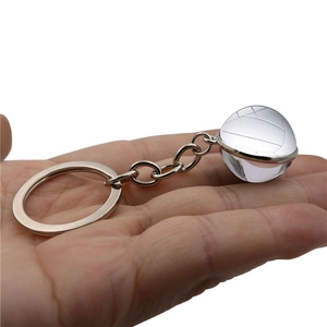 Double-sided volleyball glass ball keychain with silver metal ring for sports fans