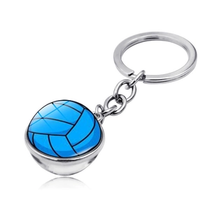 Detailed macro view of the blue volleyball double-sided glass gem metal keychain