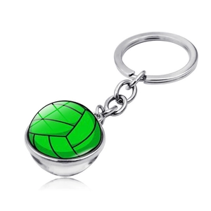 Detail of green volleyball glass dome keychain with silver alloy base and keyring