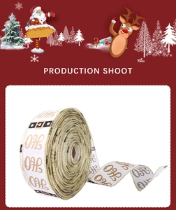 Macro detail of Christmas ribbon with golden HO HO HO print and shimmering edges