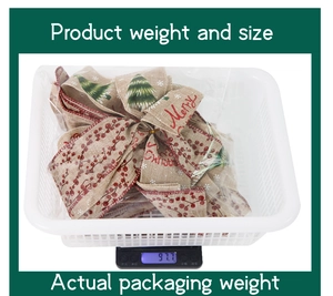 Macro shot of large Christmas bow on electronic scale showing packaging weight of 97.7g