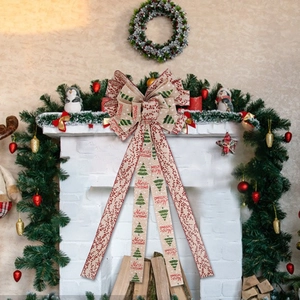 Large Merry Christmas burlap bow decoration with tree and polka dot patterns for festive trees