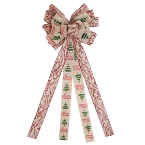Large Merry Christmas jute bow decoration with red lettering and green tree patterns