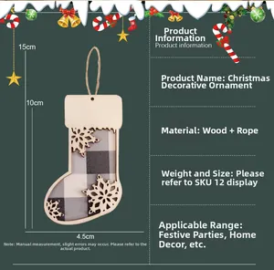 Detail showing measurements of Christmas wooden sock pendant with snowflake cutout and twine rope