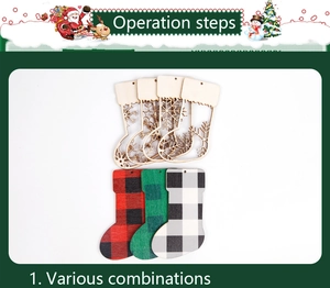 Set of 7 wooden Christmas stocking ornaments with snowflake cutouts and plaid patterns