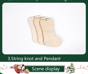 Detail of wooden Christmas sock pendants with pre-drilled holes for DIY holiday hanging