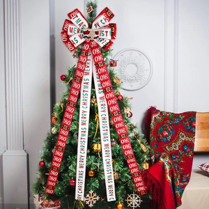 Grande Fiocco per Punta di Albero di Natale in Simil Lino con Nastri Lunghi Stampa Merry Christmas HO HO HO Decorazione