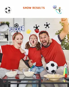 Family wearing soccer themed party headbands with springs and soccer ball decorations