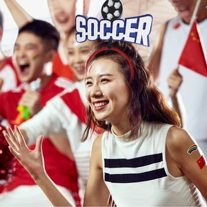 Detail of red soccer headband featuring white SOCCER text and football pattern on model