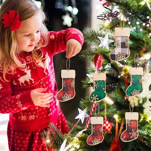Wooden Christmas Stocking Hanging Ornament Plaid Fabric Snowflake Hollow Design For Christmas Tree Holiday Home Party Decoration