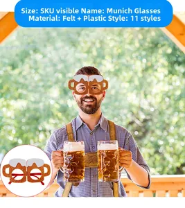 Close-up of Oktoberfest party glasses made of felt and plastic with festive beer designs