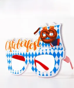Detail view of Oktoberfest party glasses with blue diamond pattern and pretzel motifs