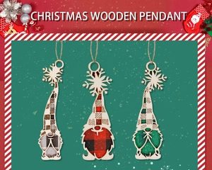 Detail of three gnome wooden pendants with snowflake cutouts and rustic hemp ropes