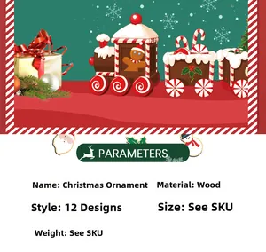 Detail of wooden Christmas gingerbread man train ornament with holiday illustration