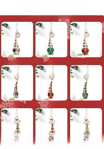 Detail view of 9 unique wooden Christmas gnomes with classic plaid patterns and hanging loops