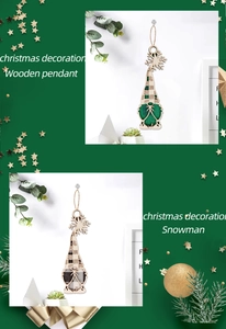 Detailed view of wooden gnome ornaments with plaid fabric and rustic hanging twine