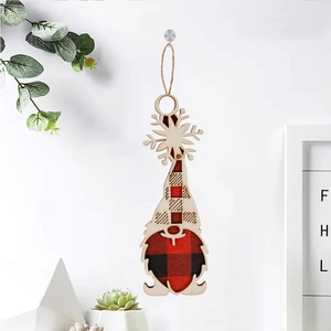 Christmas wooden gnome hanging ornament with red plaid details and snowflake top design