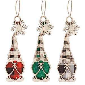Three Christmas wooden faceless gnome ornaments with buffalo plaid patterns and jute ropes