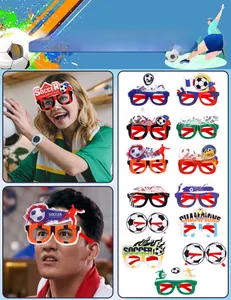 Detail view of 13-pack soccer theme party glasses featuring World Cup trophy designs