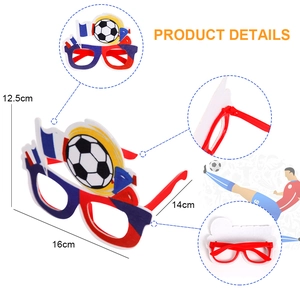 Detail view of French flag color soccer party glasses showing 16cm width and 14cm arm length