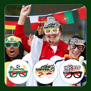 Close-up of three football party glasses featuring soccer championship and world cup designs