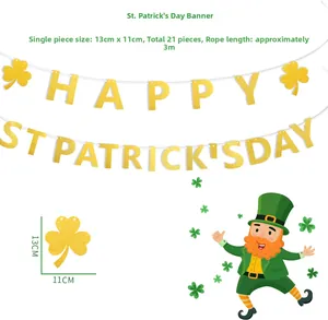 Detail of St. Patrick's Day banner showing 13x11cm gold glitter letters and shamrock pieces