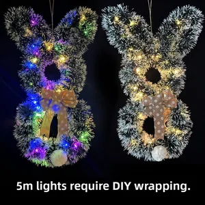 Detail of DIY Easter bunny wreaths with 5m LED string lights for festive home decoration