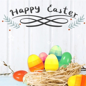Colorful LED Easter eggs nestled in a rustic nest with a Happy Easter background