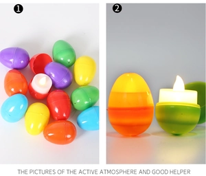 Detail of colorful Easter egg LED lights with glowing electronic candles inside
