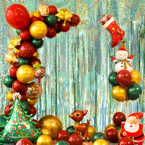 Close-up of 2-meter laser tinsel curtain backdrop with festive Christmas balloon set