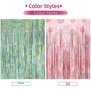Cortinas de flecos holográficas verdes y oro rosa metálico con patrones circulares decorativos