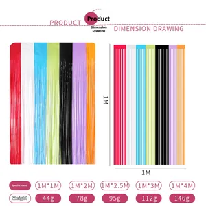 Size comparison chart for colorful tinsel fringe curtains in various heights and colors